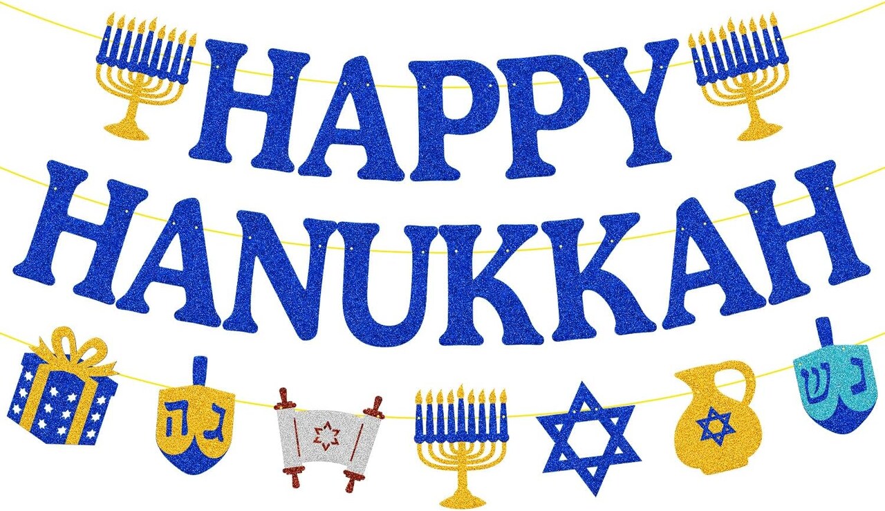 Happy Hanukkah Banner Chanukah Hanukkah Holiday Theme Garland Chanukah Festival Party Decorations Glitter Blue Jewish Christmas Party Supplies